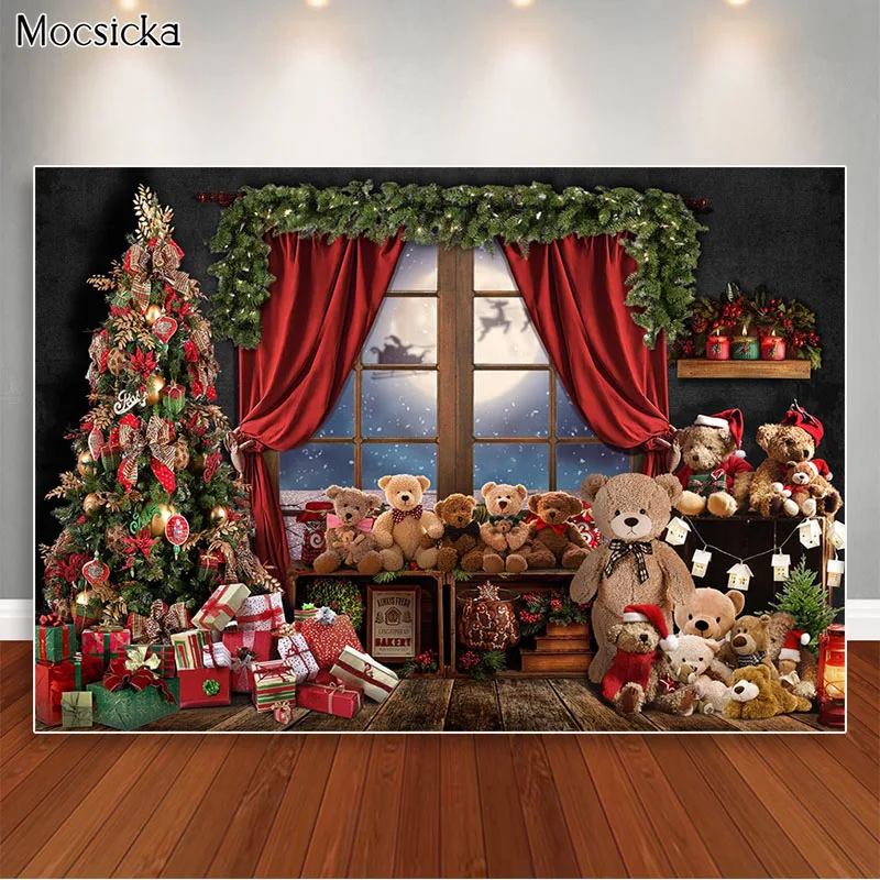 

Christmas Window Backdrops for Photography Toy Bear Xmas Tree Gift Decorations Photo Props Kids Portrait Photocall Background