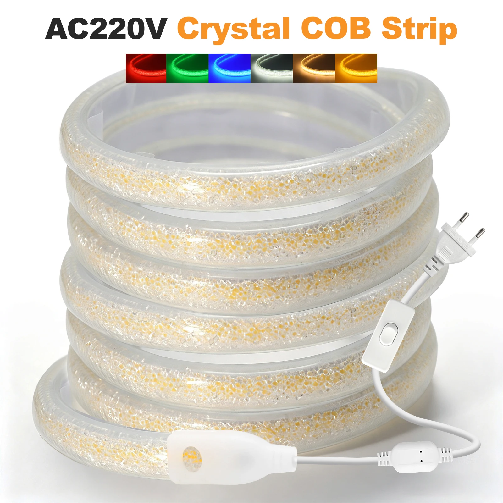 220V COB LED Strip Light with Switch 288Leds/m IP65 Waterproof Crystal Neon Light White/Warm/Red/Blue Flexible Ribbon Tape
