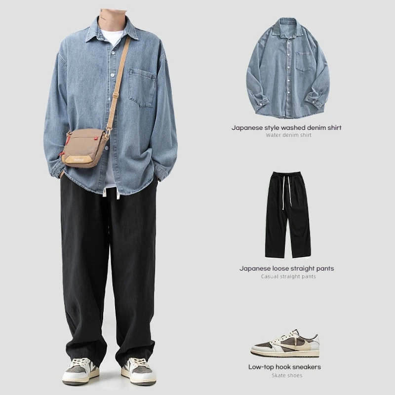 

Spring Autumn Men's Denim Suit Loose Fit Plus Size Janpan Korean Trendy Two-Piece Versatile Outerwear Casual Jeans Sets