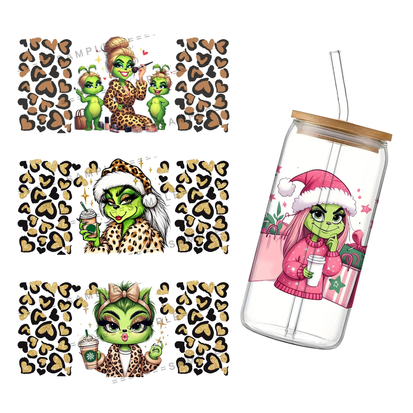 Nieuwe Mode Kerst Cartoon Voor Libbey 16Oz Kan Glas 3d Waterdichte Uv Dtf Koffie Kan Verpakken Libbey Glas Wrap