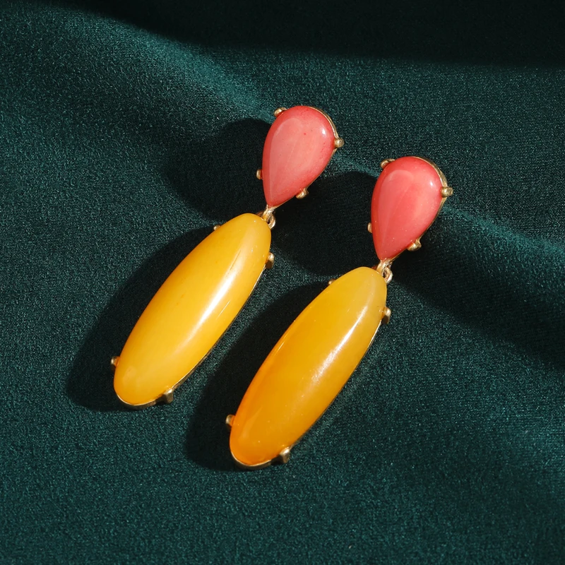 Винтажные антикварные желтые висячие серьги с натуральным камнем, розовые длинные массивные ювелирные изделия, роскошные бренды, дизайнер высокого качества 2025