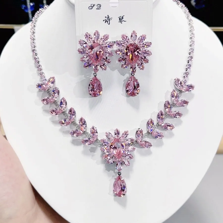 

Sparkling Floral Cubic Zirconia Jewelry Set Women Necklace Earrings Sets Bridal Jewelry Wedding Party Jewellery Accessories