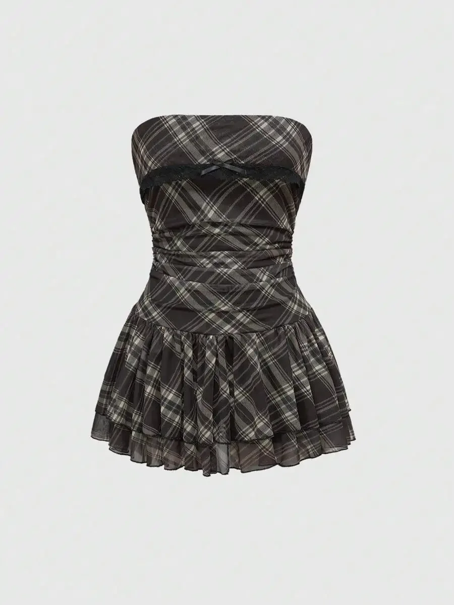 

Vintage Sweet Plaid Print Ruffle Hem Strapless Mini Dress For Women
