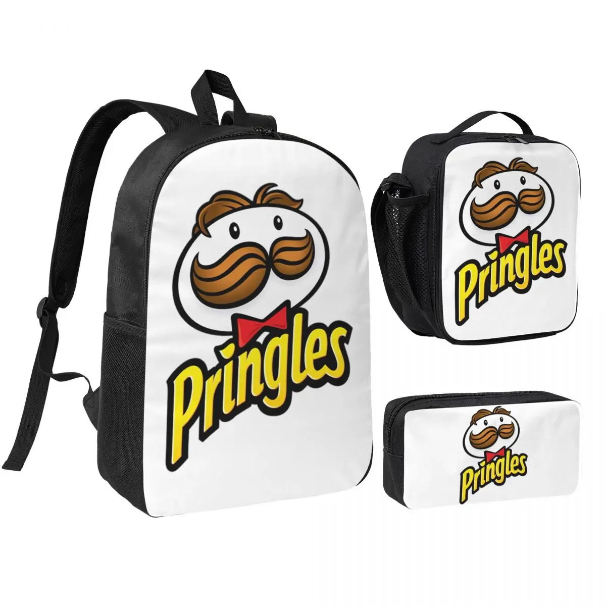 Mochila con estampado de Pringles de patatas fritas para niños y niñas, mochila escolar, bolsos de hombro, 3 piezas, bolsa térmica para el almuerzo, estuche para lápices