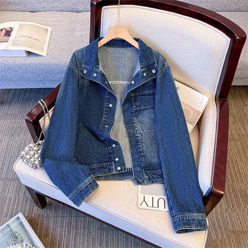 

Autumn New Women Short Denim Jacket Vintage Washed Blue Cowboy Outerwear Lapel Long Sleeve Single-Breasted Female Jeans Jackets