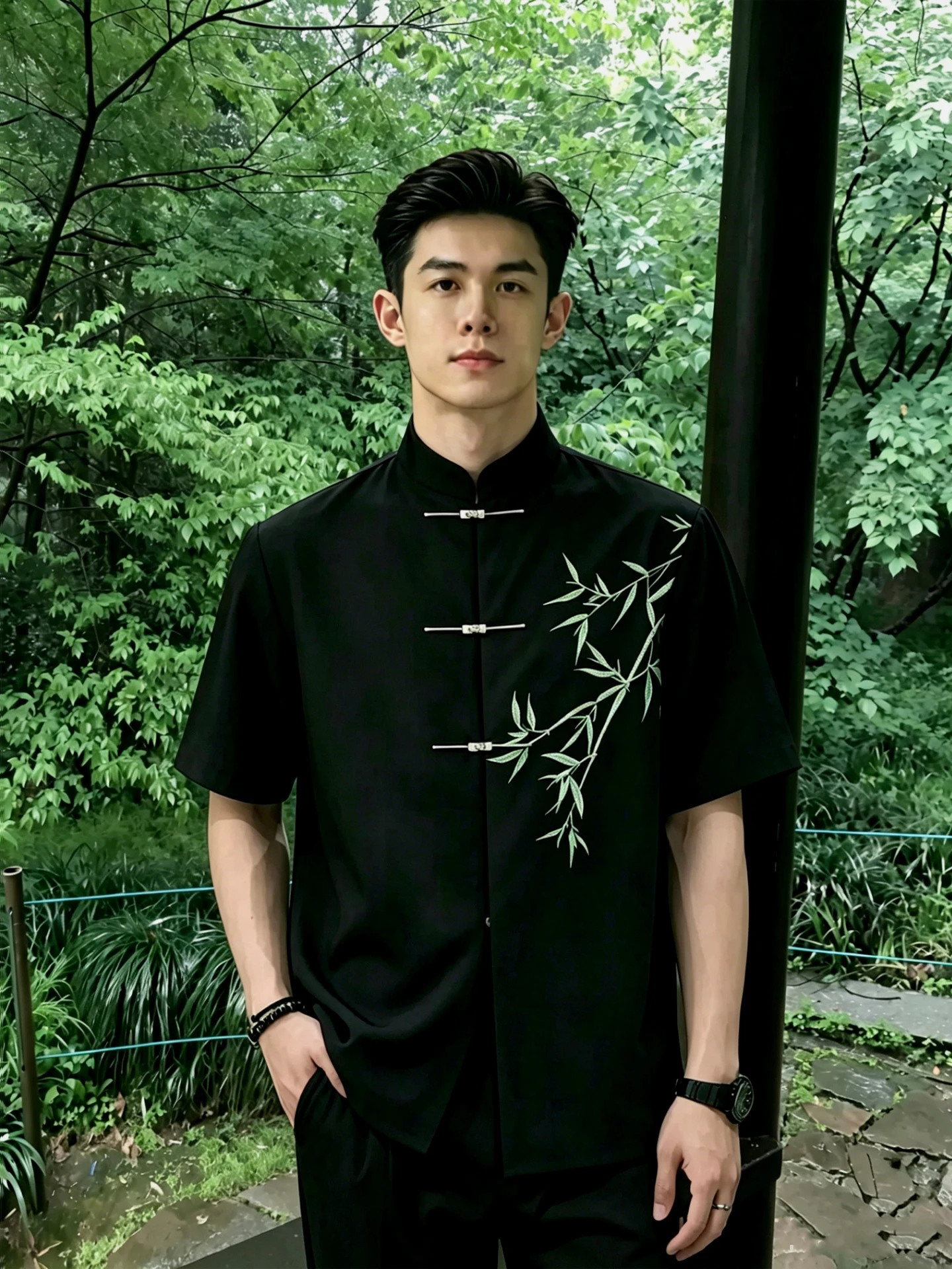 

New Chinese Style Men's Short Sleeve Shirt Summer Wedding Customized Bamboo Embroidery Stand Collar Breathable Anti-Wrinkle