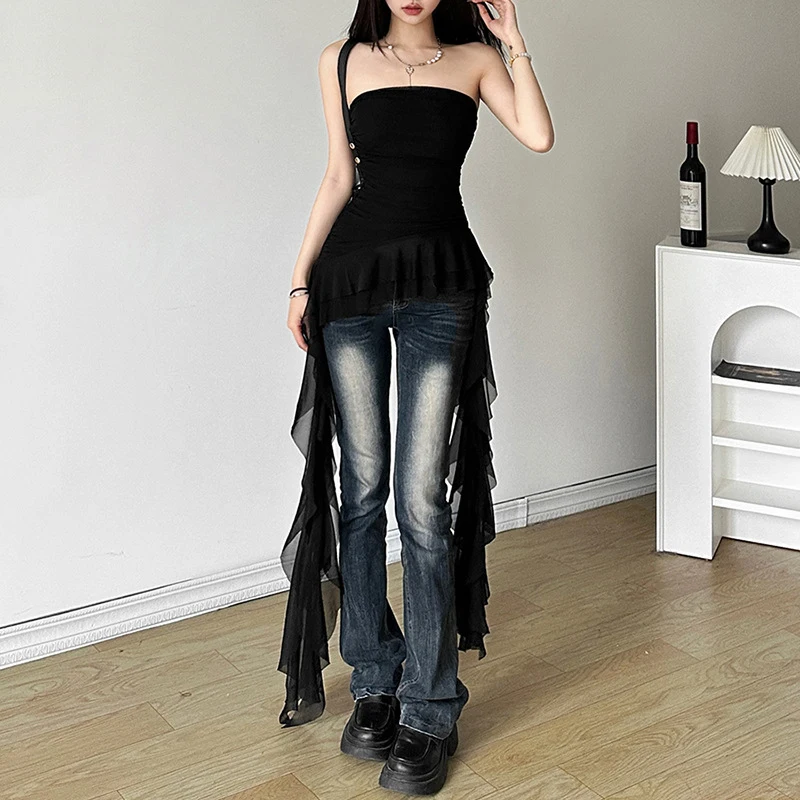 Xingqing y2k Strapless Top Women Summer Solid Color Off Shoulder Sleeveless Asymmetrical Ruffle Hem Bandeau Vest Streetwear