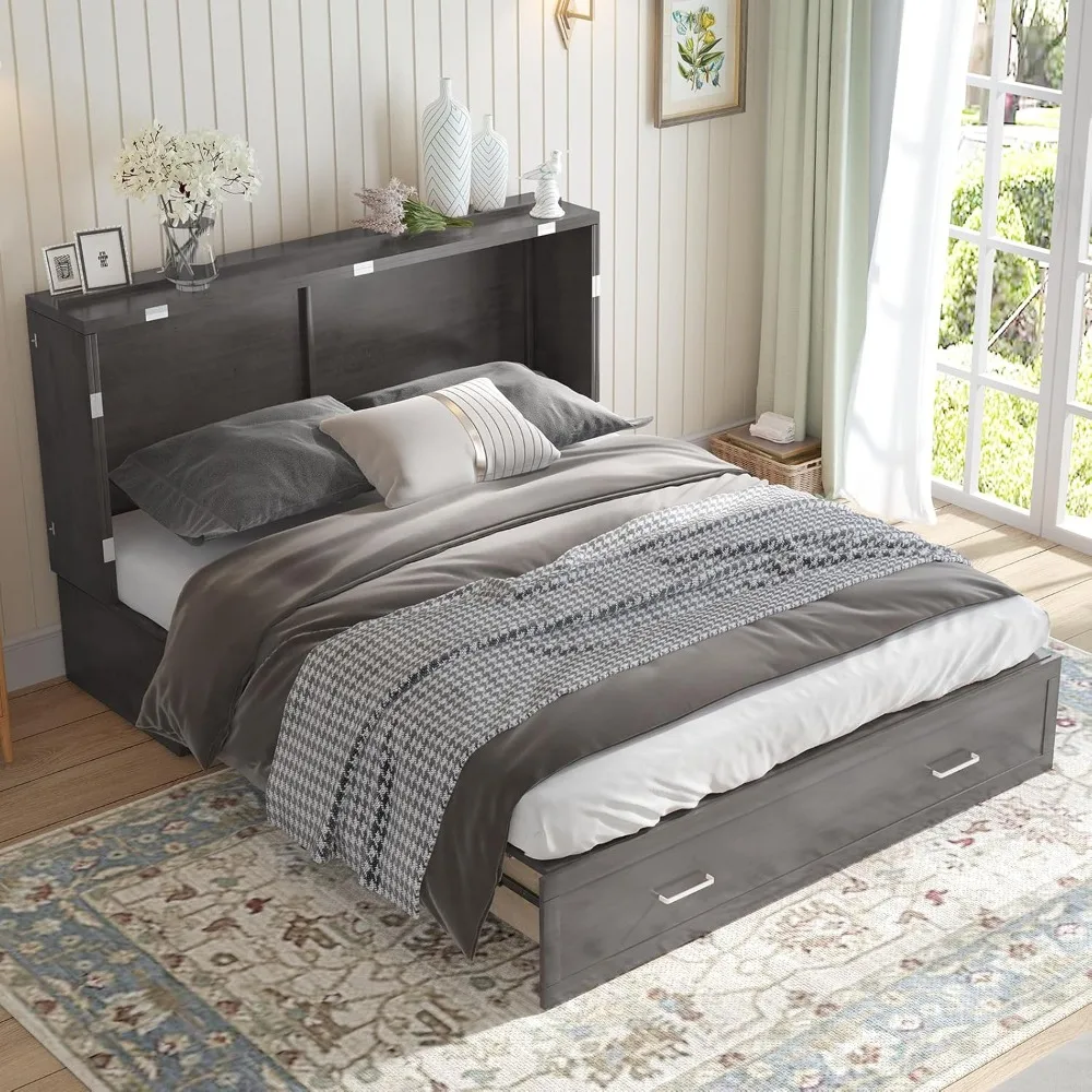 Bed Cabinet, Cabinet Bed with Storage Drawers & Queen Tri-Folding Mattress, Wall Cabinet Bed Frame with USB Charging Station