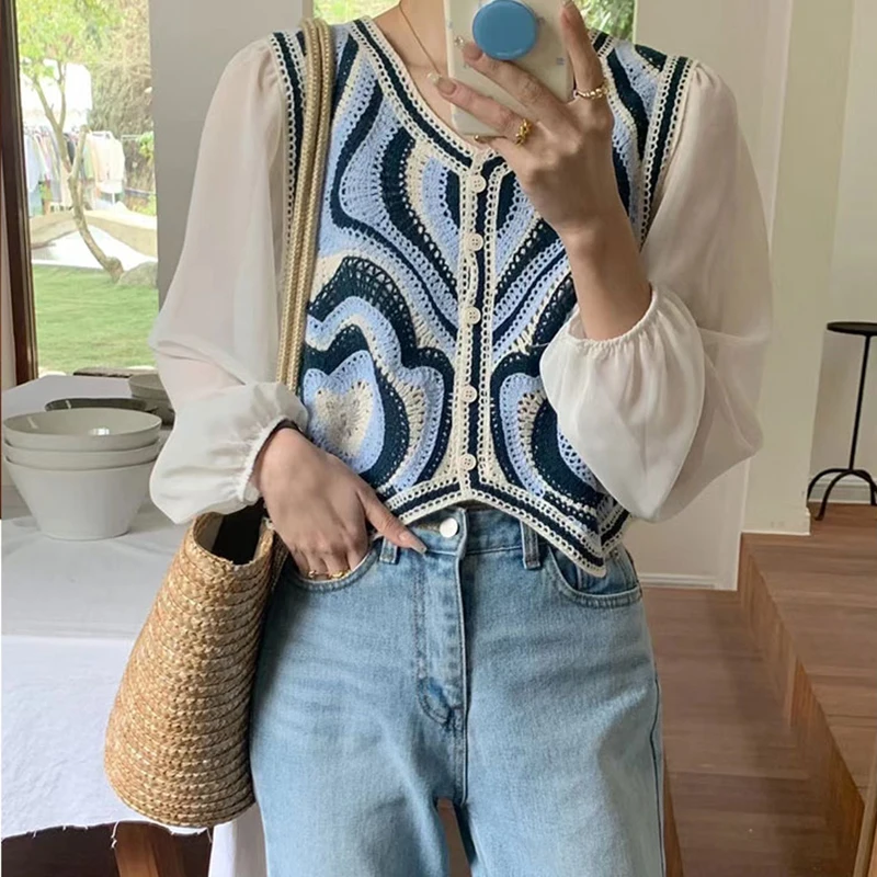 

Heart Crochet Cardigan Boho Knit Tops Sheer Mesh Sleeves Open Stitch Button-down Blouse Women Beach Cover-up Spring Summer 2026