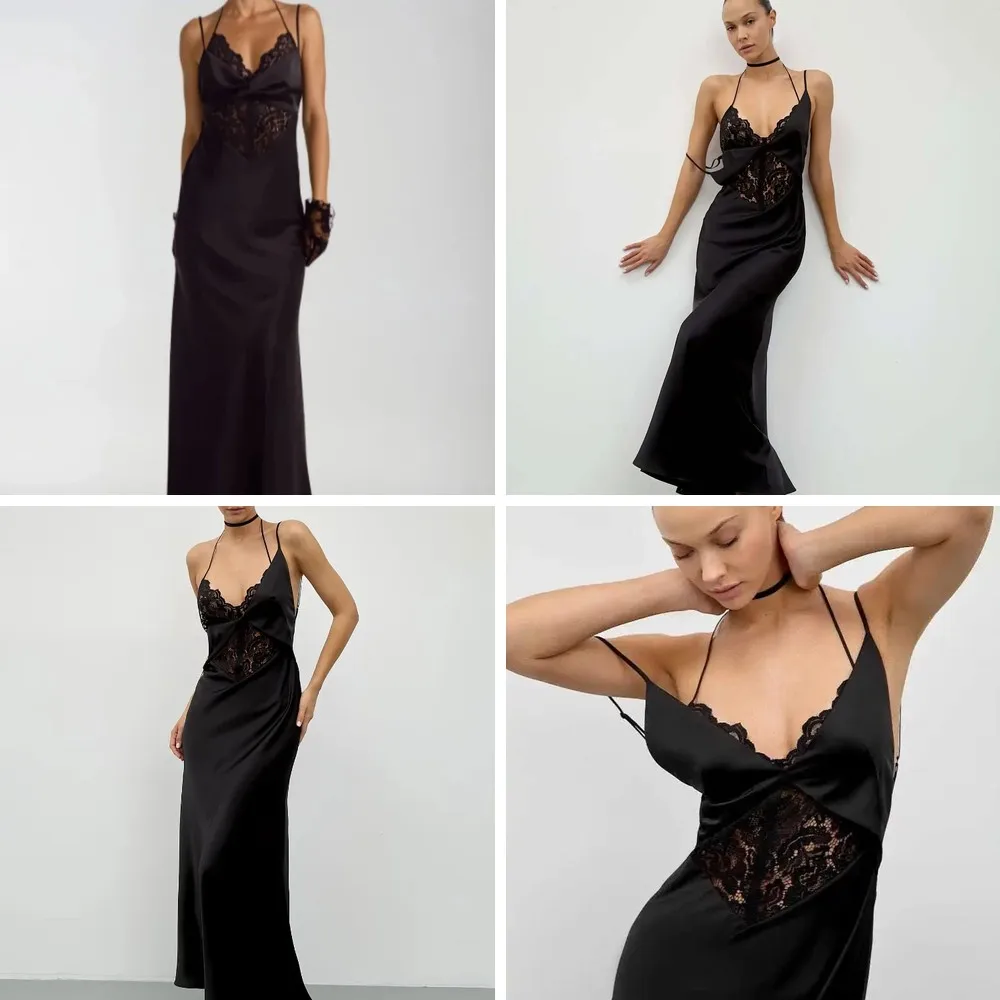 

Black Lace Satin Halter Dress for Women, Off Shoulder Sleeveless Evening Gown, Slim Maxi Party Dress