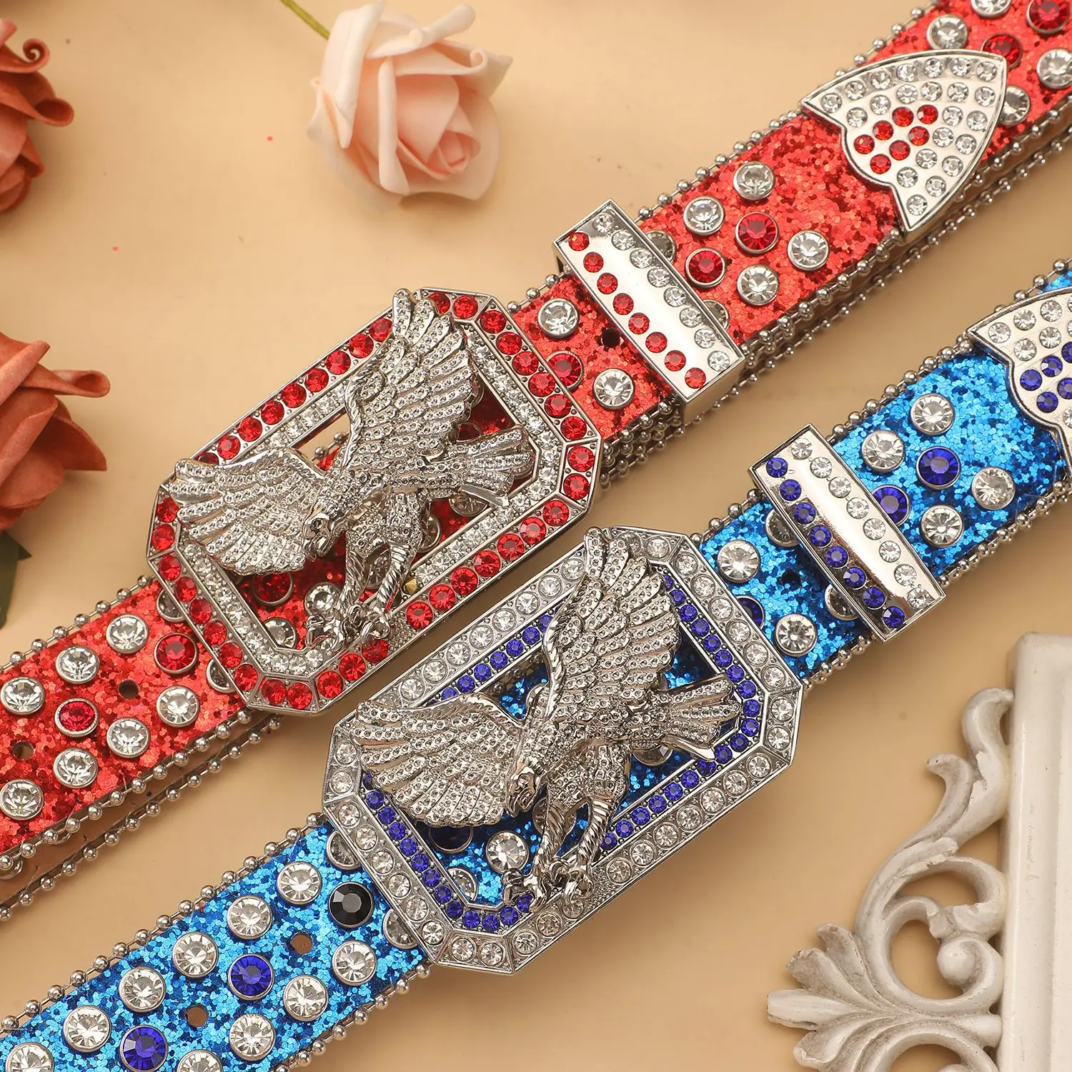 Flying Eagle Rhinestone Buckle Waist Belts Bling PU Leather Sequined Jeans Belts Green Purple Blue Silver Rivet Rock Cinturones