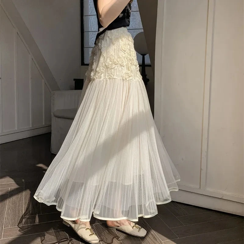 Floral Semi-Body Skirt Women's Heavy Embroidery Netting Maxi Skirt Spring Summer New Style Fashionable Umbrella Design Sensation