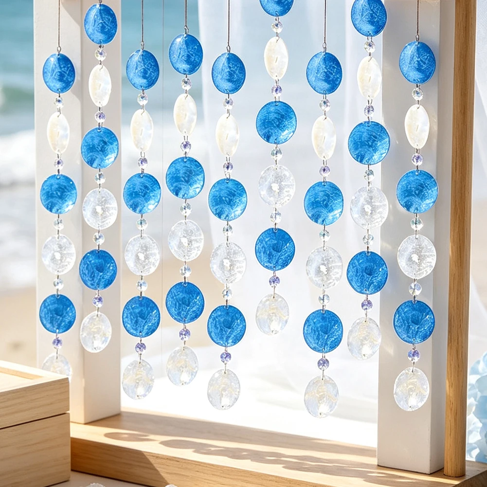 Ozean-Stil Muschel-Scheiben-Vorhang Blau-Weißer Muschel-Perlen-Vorhang für Hochzeit, Geburtstag, Babyparty, Fenster- und Wanddekoration – Detail 3