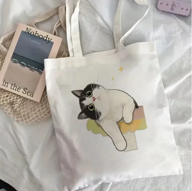 حقيبة يد قماشية بنمط قطة سوداء للنساء حقيبة تسوق بكتف واحد مطبوعة على شكل قطة لطيفة للاستخدام اليومي حقيبة كتف مفردة #3