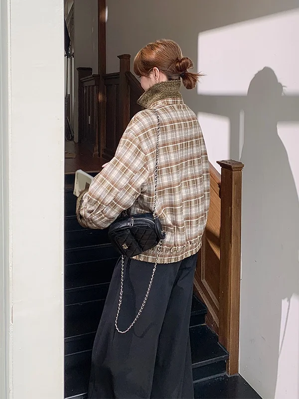 Damski płaszcz wełniany w kratę, ocieplany, jesienno-zimowy, nowy, do pracy, prosty krój, wersja koreańska, Jaet