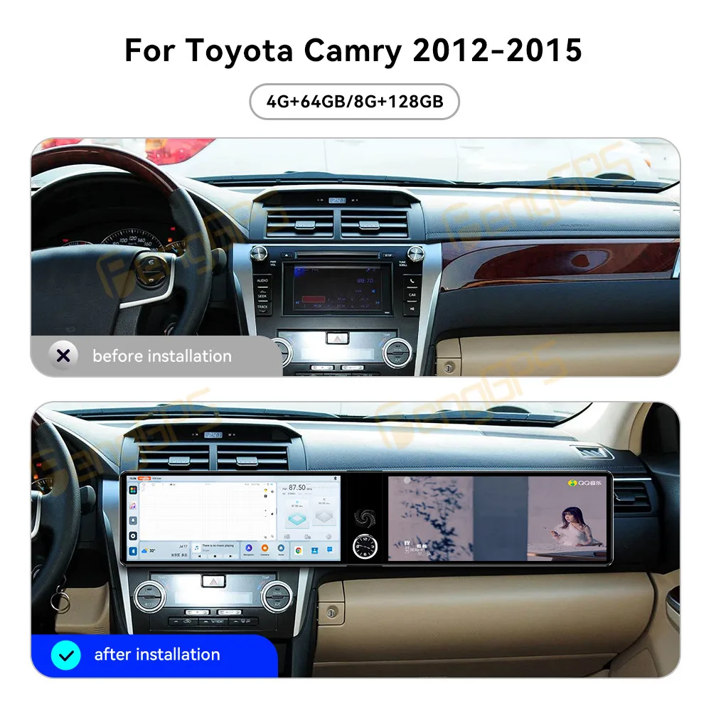 

Двухэкранный автомобильный радиоприемник 12,3 дюйма на Android 13 с CarPlay для Toyota Camry 2012-2015, сенсорный мультимедийный плеер, головное устройство с DSP