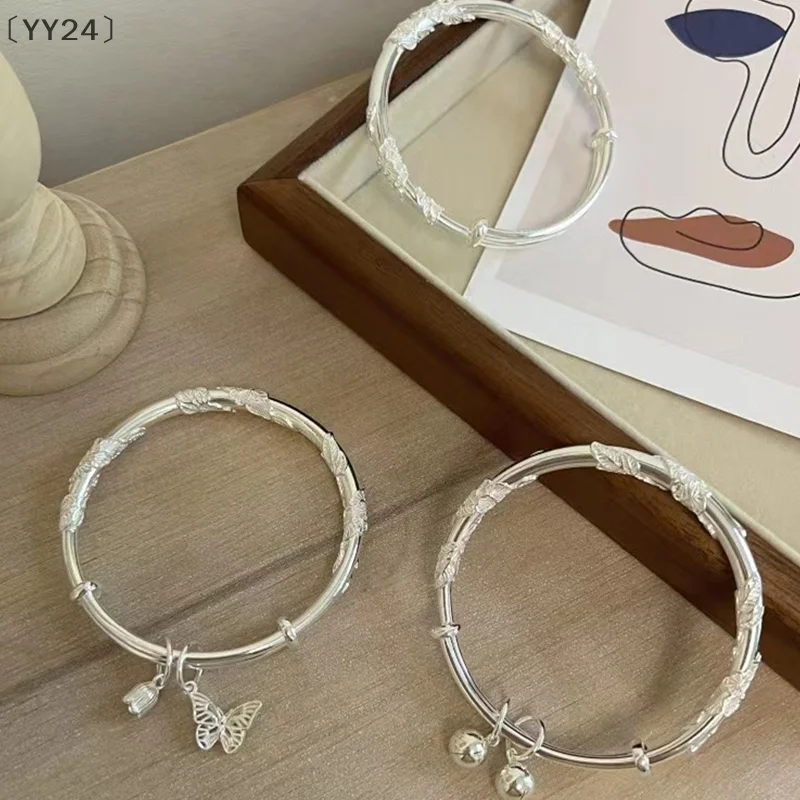 〔YY24〕 Chinese Style Butterfly Push Pull Adjustable Bangle Heart Shaped Bamboo Link Flower Bud Opening Bracelet Fashion Jewelry