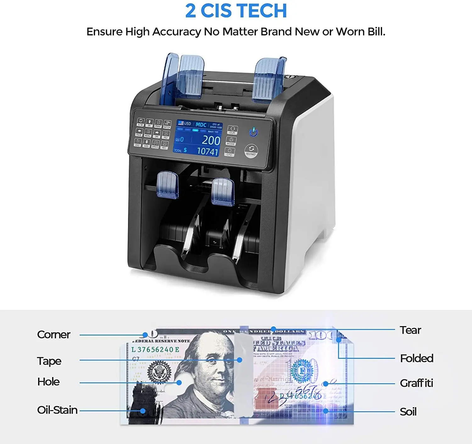 Banknote counting and checking machine CIS image recognition mixed counting total amount of a bite and a half clearing machine