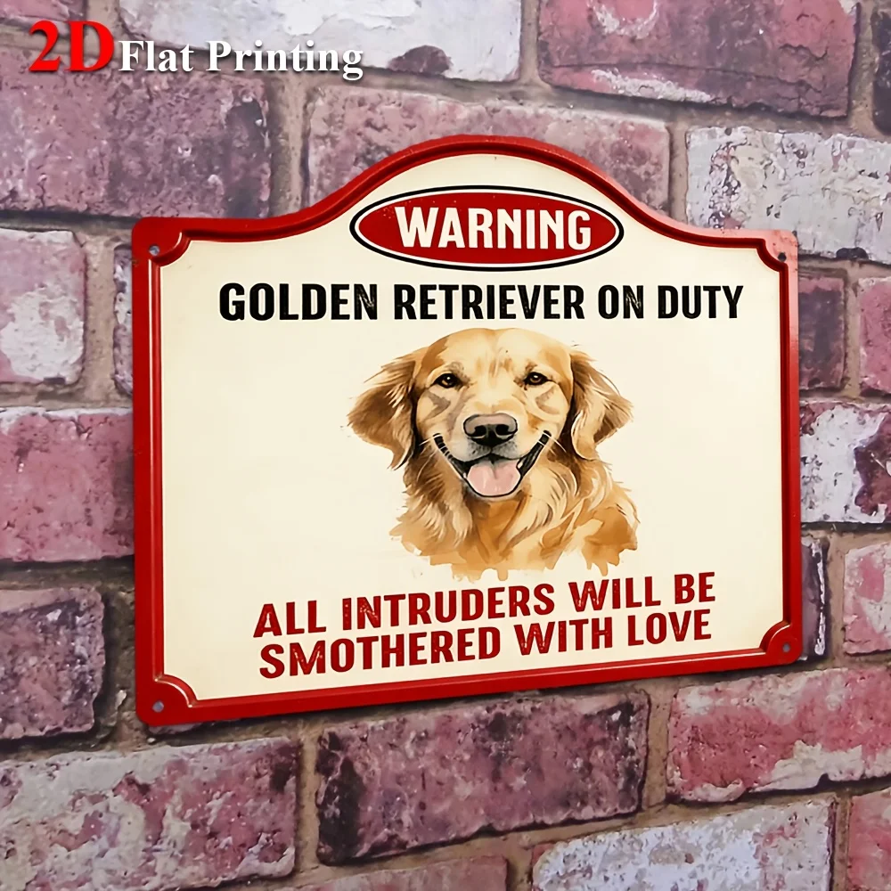 1pc 2D Flat Sign Artwork Depicting A Golden Retriever Alongside A Warning Sign Design, Ideal For Home Decoration,Office Wall Art
