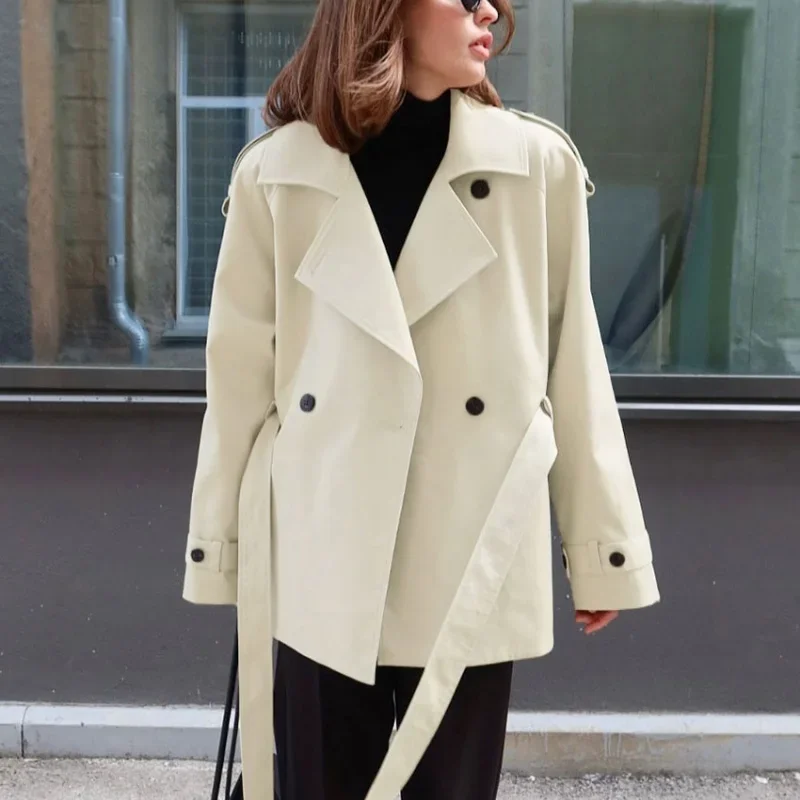 

New Autumn Women Loose Fit Coat with Waist Belt Turn Down Collar Casual Style Commuting Outerwear Design Sense