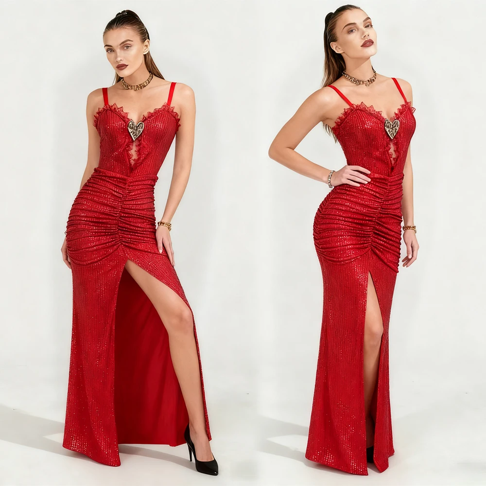 Sexy Spaghetti Strap Backless Sequin Dresses Heart Decoration Smocked Tiered Split Cocktail Evening Party Luxury Long Gown
