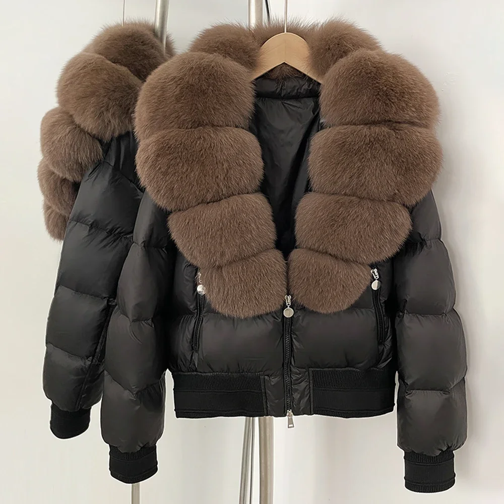 Femmes réel fourrure blanc duvet de canard manteau chaud nouveau réel col de fourrure de renard doudoune épaisse fourrure naturelle hiver veste de survêtement pour femme