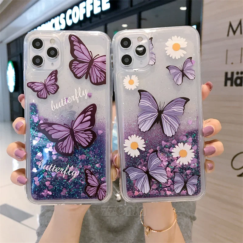 Pink Cherry Butterfly For Huawei Honor 200 Pro 100 90 80SE 70 60SE 50SE 30 Lite 30i 30s 20 Case Glitter Liquid Quicksand Cover