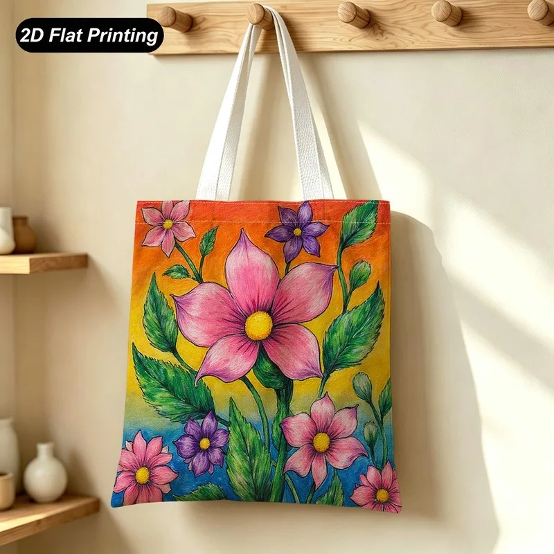 Tote Bag 2D Flat effect Hand-painted colorful floral print Tote Bag Large capacity and lightweight Adapted shopping Daily