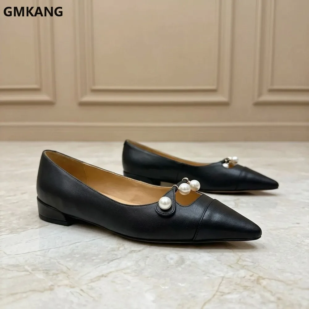 Women Leather Pointed Toe Flats Pearl Decor Block Low Heel Dress Shoes Comfort Slip On Office Work Wedding Party