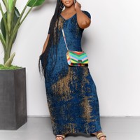 V-Neck Maxi Dress Abstract Blue Gold Print Elegant Casual Summer Wear