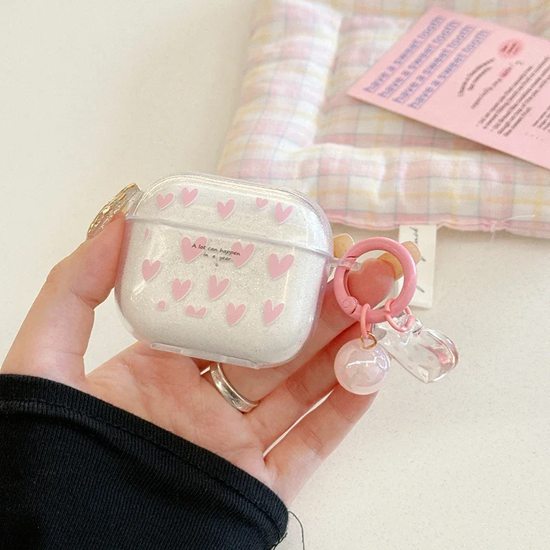 Glitter Transparent Love Case with Keychain for Apple AirPods 2 Gen 3 Generation Cover for AirPods Pro 1st 2nd for Air Pods Pro