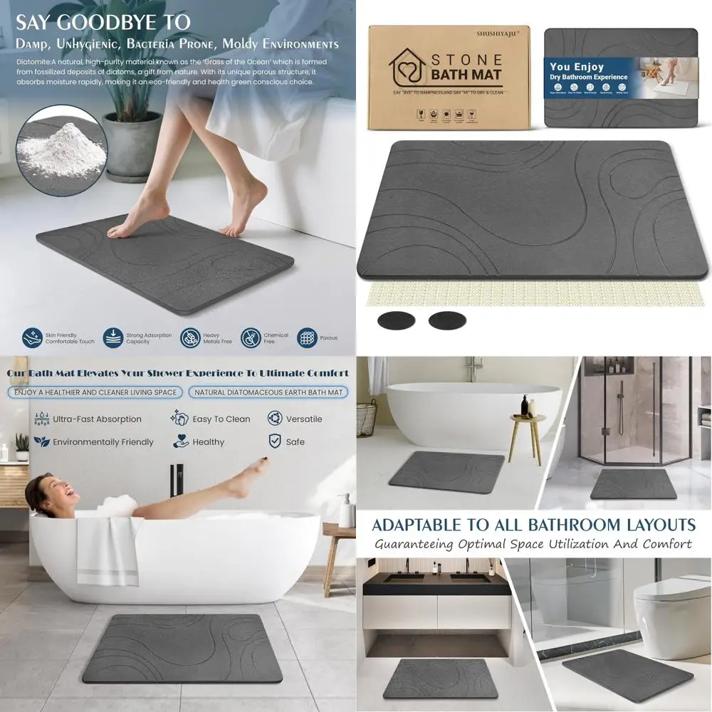 

Quick-Drying Stone Bath Mat - Absorbent Shower Floor Pad with Diatomaceous Earth, Non-Slip, Easy to Clean, Dark Gray Bath Access