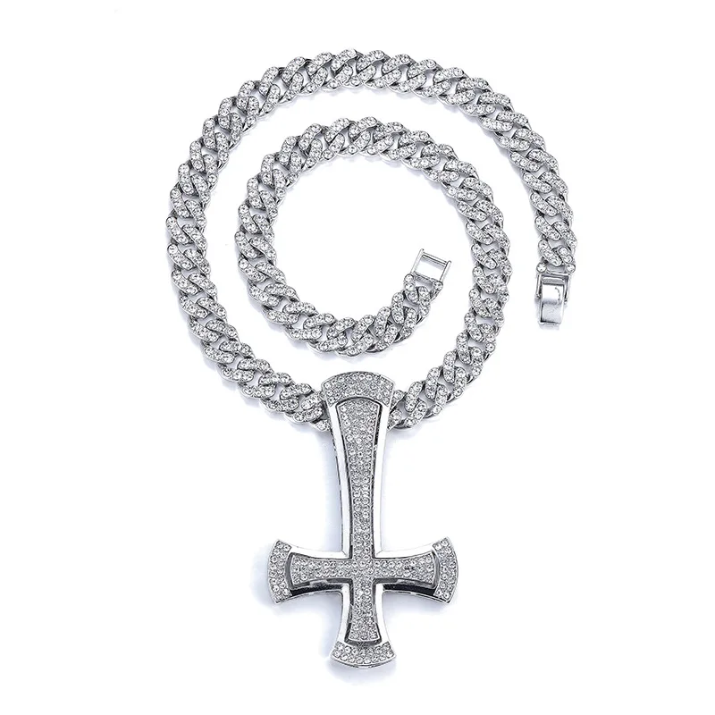 ULJ Hip Hop AAA Reinstones Inverted Cross Pendant Rock Nightclub Men\'s Fashion Iced Out Necklace Jewelry