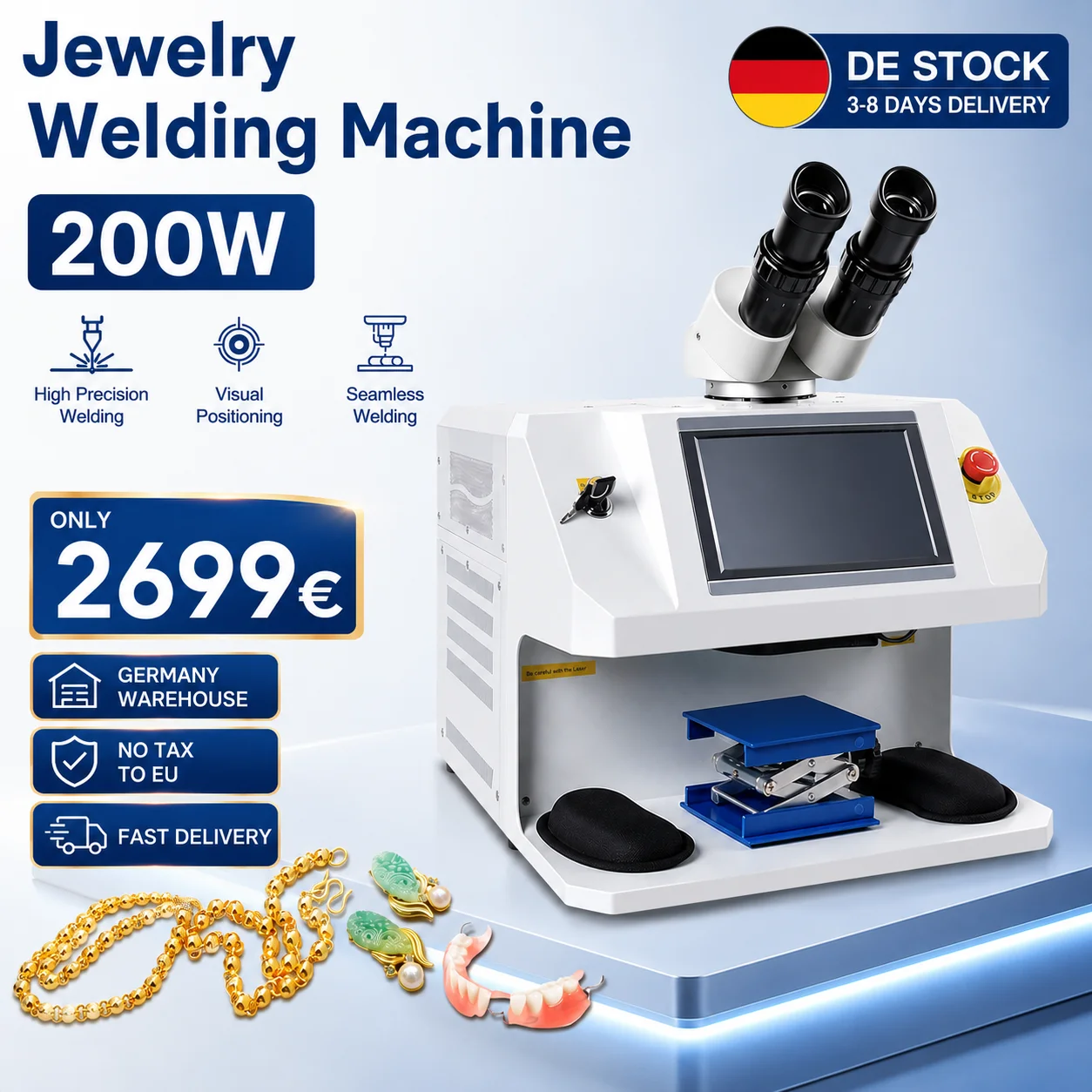 Image of 200W Schmuck-Laserpunktschweißgerät für Gold, Silber und Edelstahl mit 10-fachem Mikroskop zur Reparatur von Halsketten, Ringen und Armbändern, 220V EU-Lagerbestand