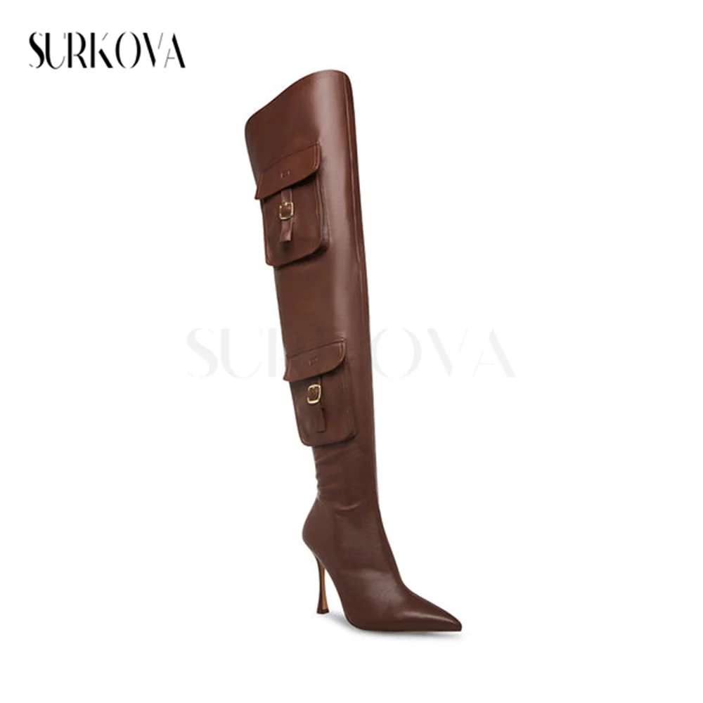 

Women's New Over The Knee Boots Pointed Toe Stilettos Ladies Rider Boots Brown Soft Leather Pocket Boots Fashion Women Shoes