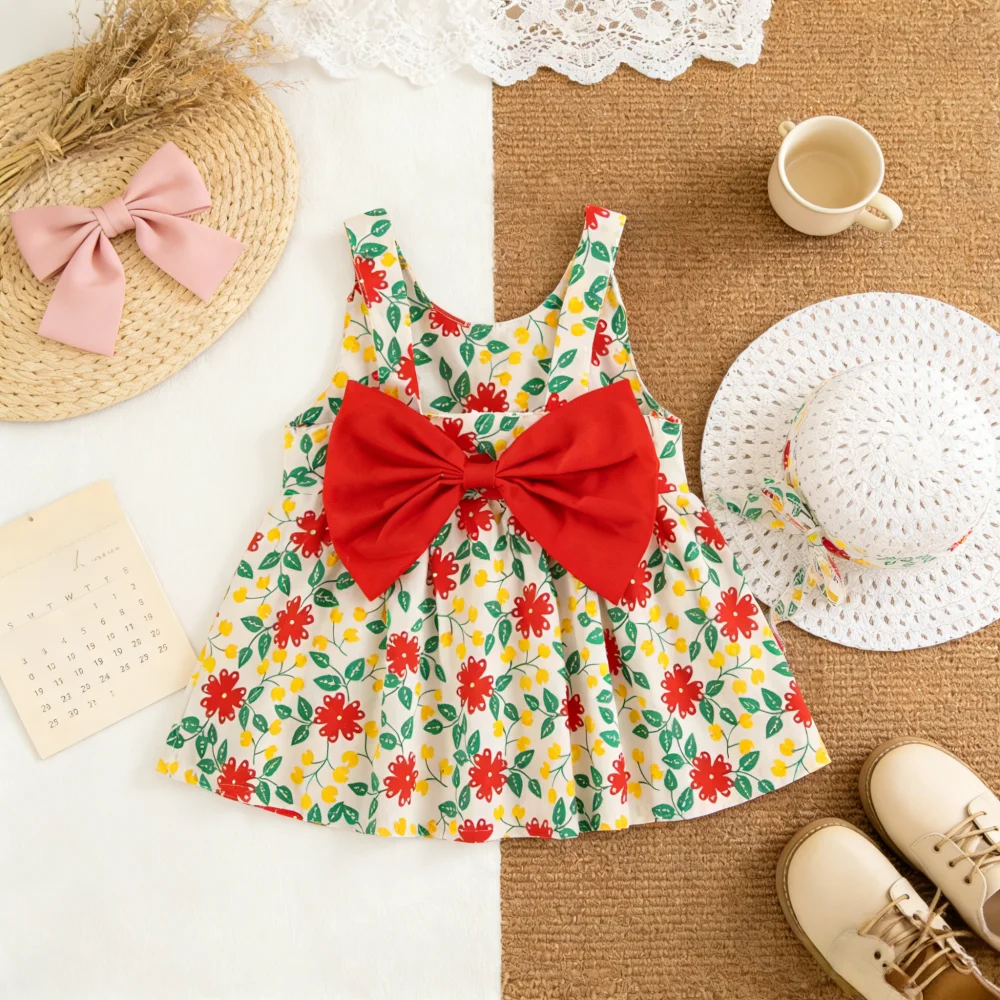 

Платье для маленьких девочек, летнее платье с цветочным бантом на шее для девочек, милое пляжное платье для малышей, одежда для маленьких девочек