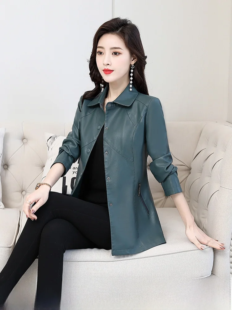 

Slim Fit Genuine Sheepskin Leather Jacket Women's Fashionable Commute Style Long Sleeve Zipper Pocket Thickened Spring Autumn
