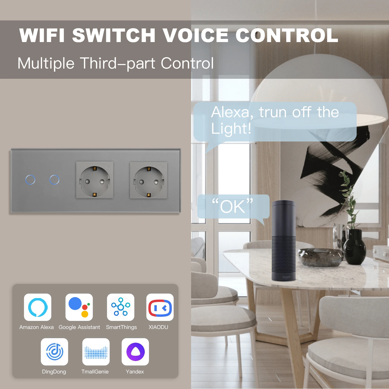 BSEED 1/2/3Gang 1/2/3 way Wifi Switch With Double EU Sockets Without Wifi Crystal Control Alexa Google Home Tuya App