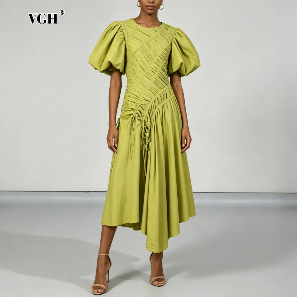 VGH Elegant Irregular Midi Women Dresses Round Neck Puff Sleeve Drawstring Loose Dress for Resort Casual Gathering Summer New