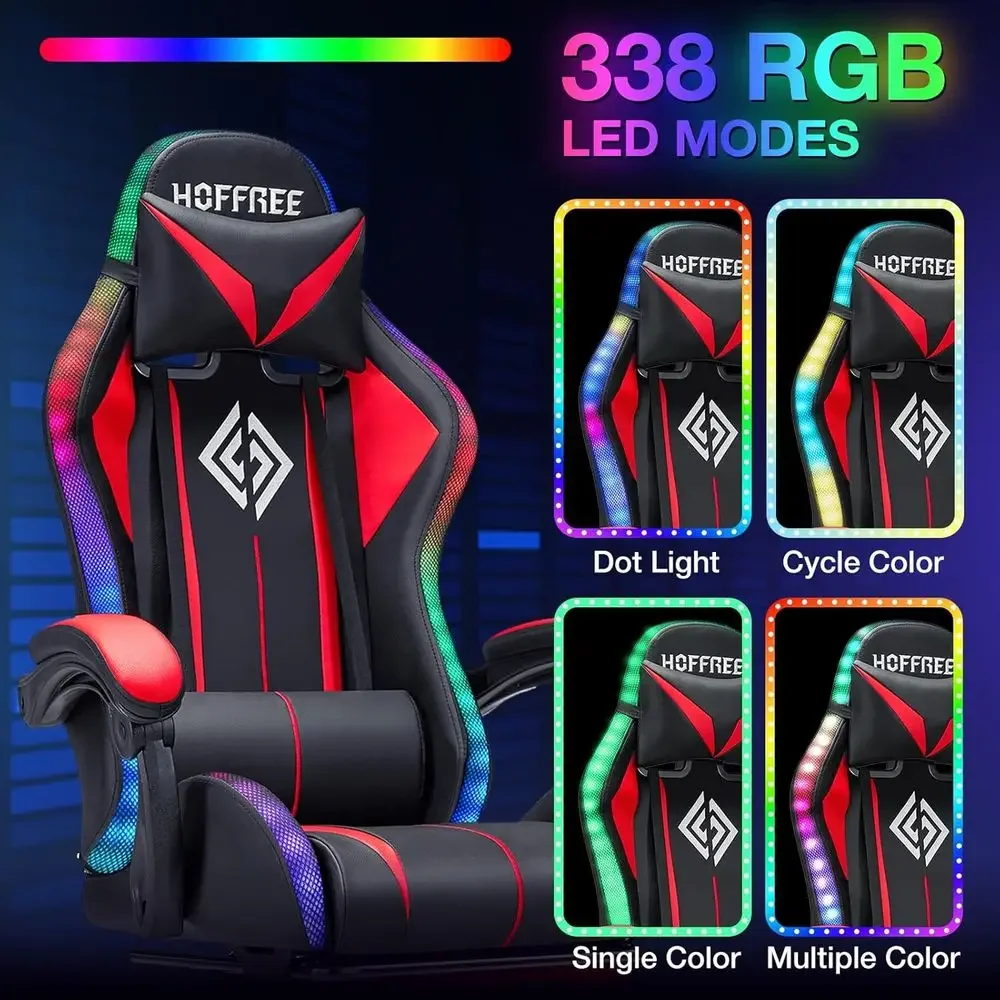 Ergonomic High-Back Gaming Chair with LED RGB Lights, Adjustable Lumbar Support and Linkage Armrests in Red and Black view 4
