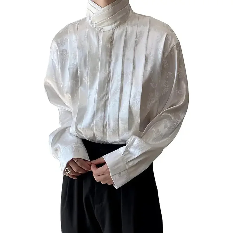 

Zizi 2025 Мужская атласная жаккардовая плиссированная блузка спереди с высоким воротником и рубашкой с цветочным узором