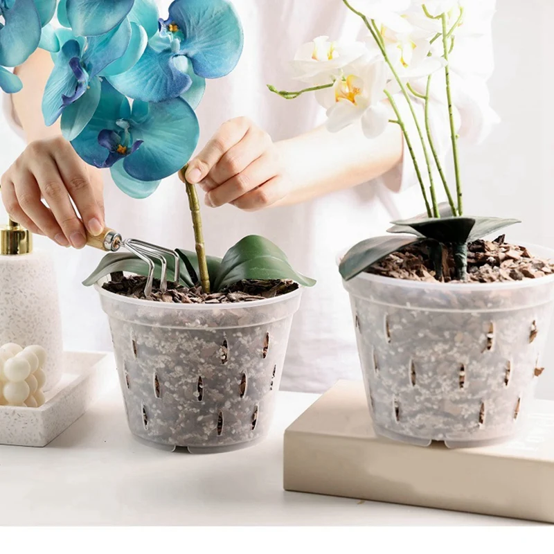 Orchid Pots- 7 Inch- 5 Pots and Saucers, Orchid Pots with Holes and Clear Plastic Orchid Pots for Repotting-SPMI