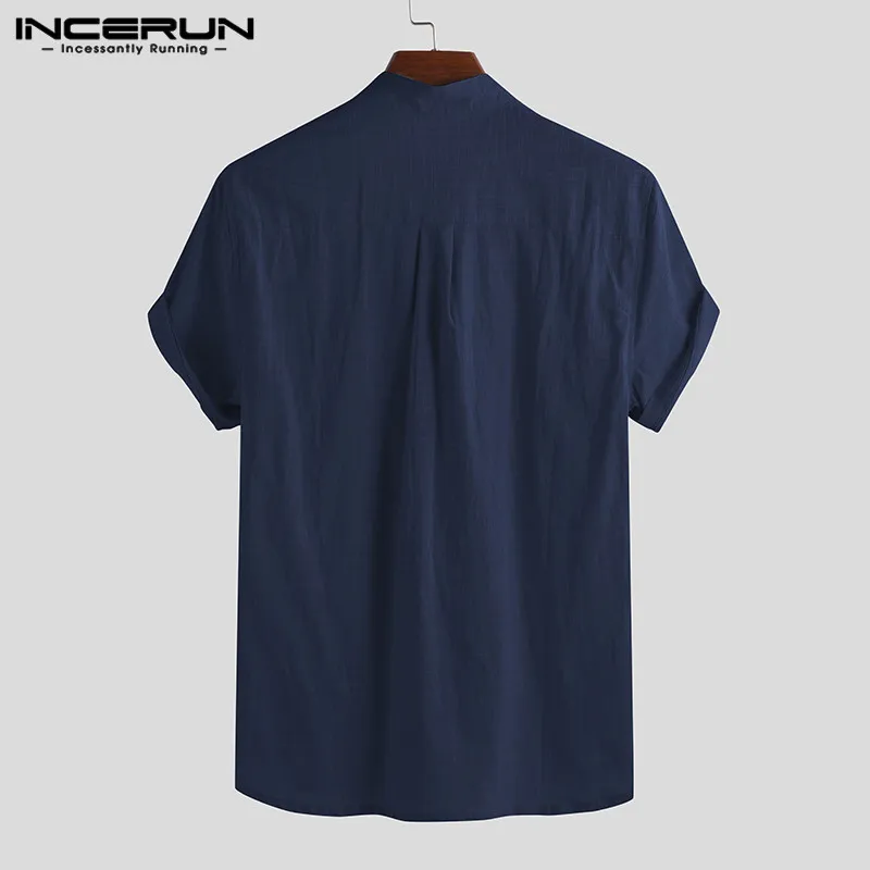 INCERUN 2023 Men Shirt Cotton Stand Collar Short Sleeve Streetwear Harajuku Camisas Solid Color Casual Men Brand Shirts S-5XL