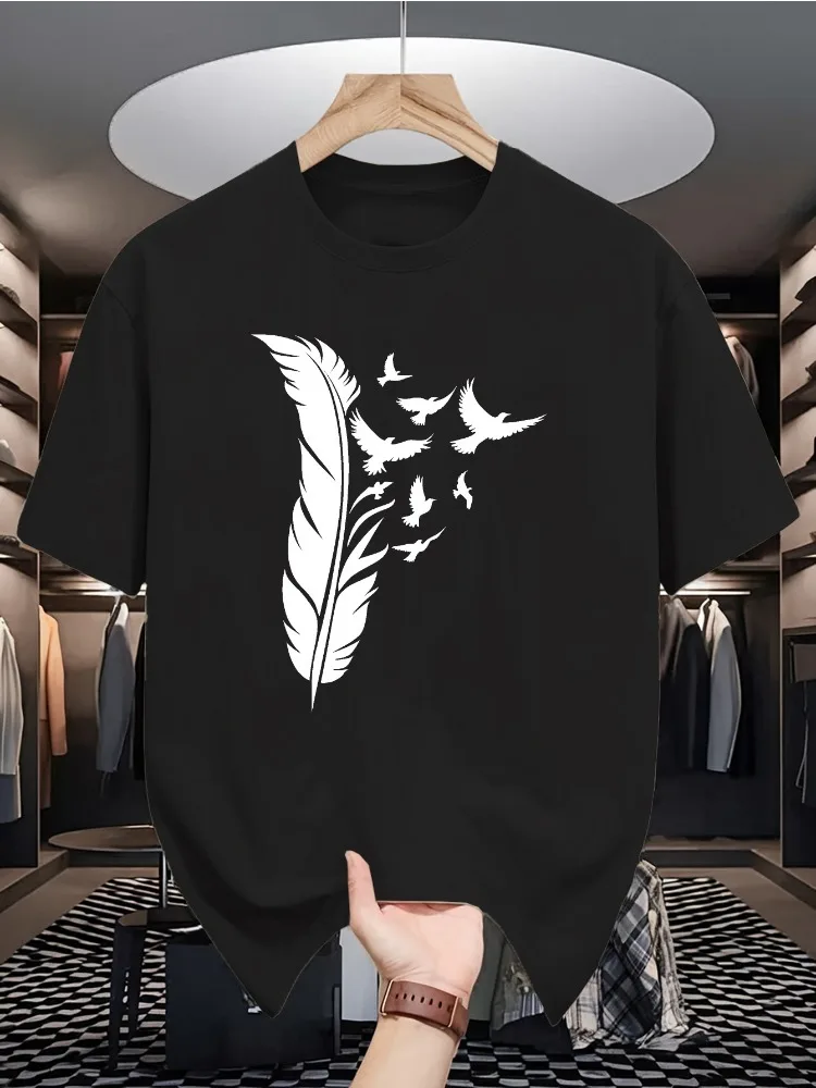 Black Mens Crew Neck Cotton T Shirt White Large Feather Turning Into Flying Birds Minimal Abstract Freedom Art Short Sleeve Tees