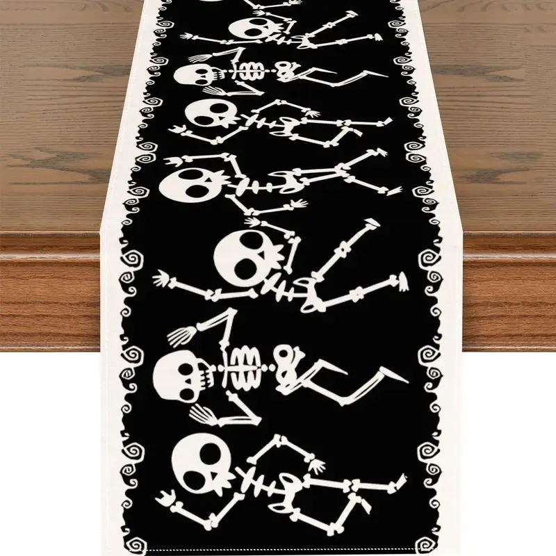 VIKAMA Dancing Skeleton Halloween Table Runner Black White Skull Indoor Kitchen Dining Table Holiday Party Home Decor