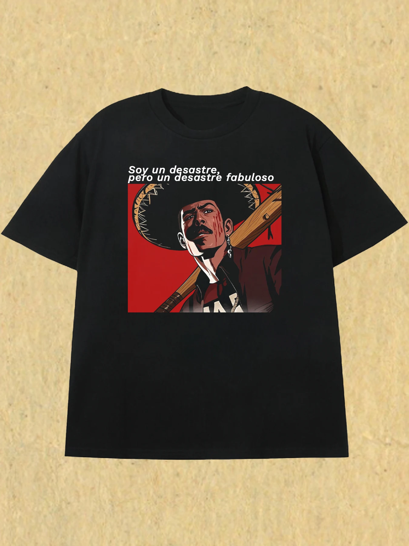 

Men's Black Cotton T - Shirt - Mexican Stylish Character Slogan Print Style