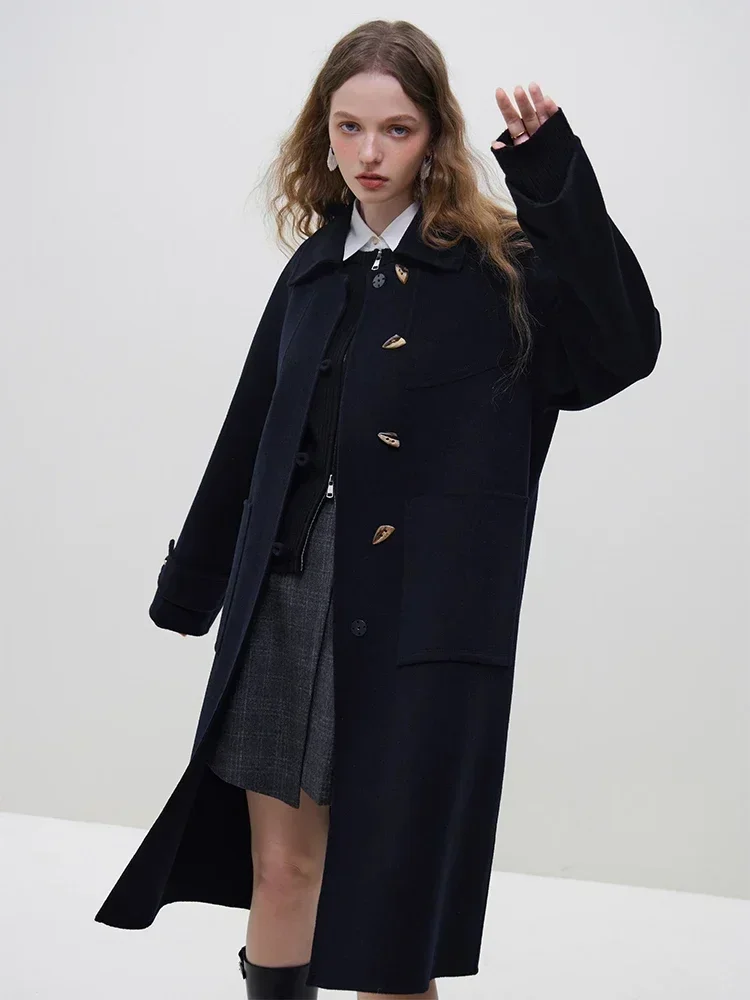 FSLE 100% Wool Polo Neck Horn Button Design Women Raglan Sleeve Brown Long Woolen Jackets Office Lady Navy Blue Winter Wool Coat