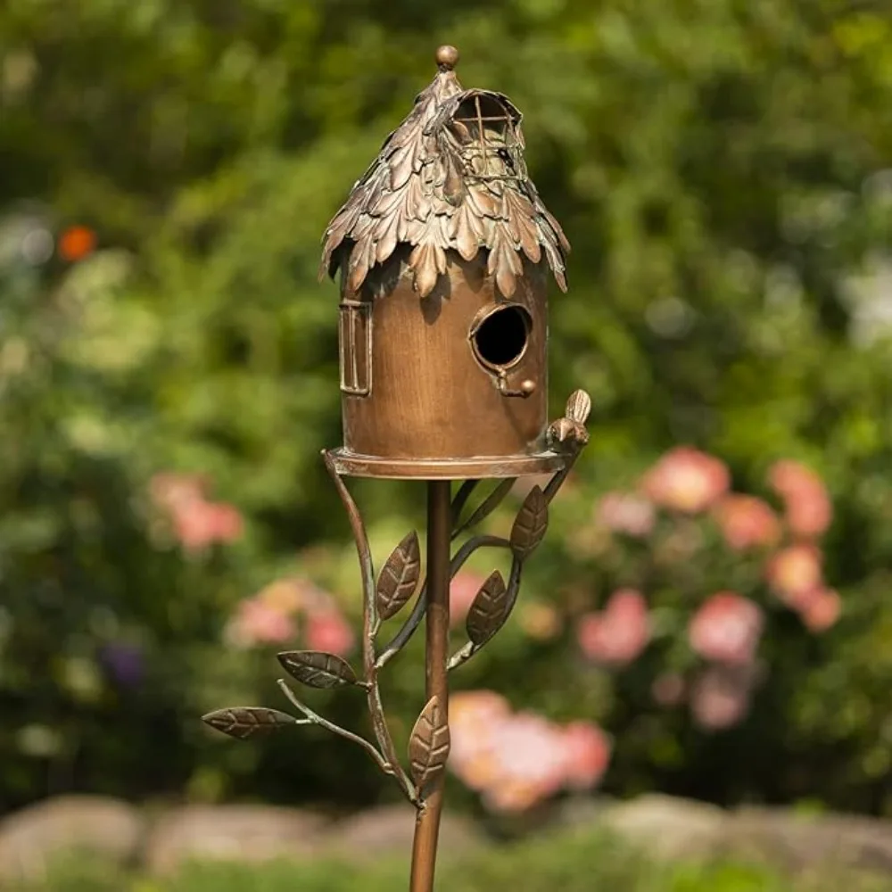 Copper Color Bird House Garden Stake with Ornate Style Roof (Set of All 4 (1 of Each))