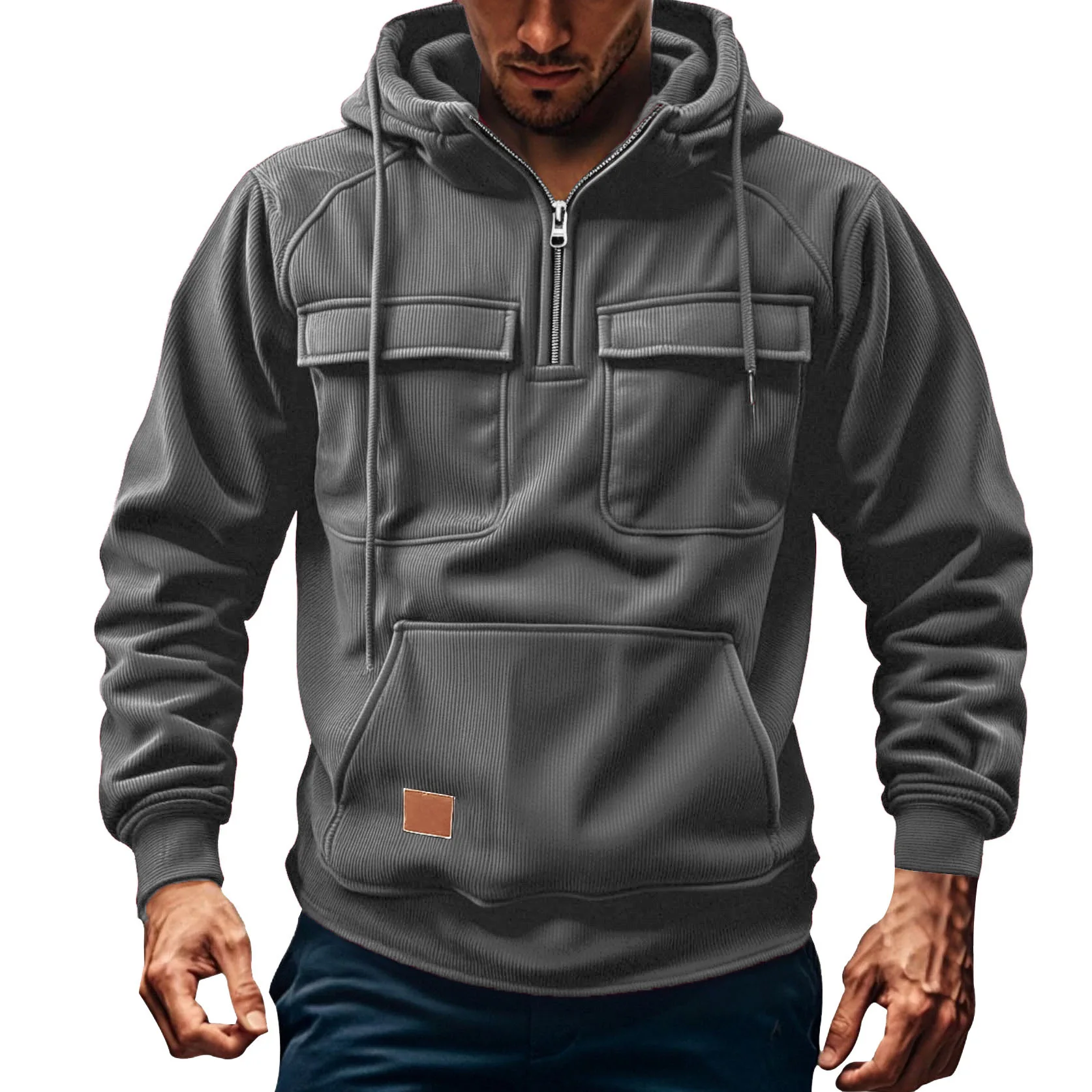 New Men's Autumn Casual Solid Long Sleeve Multi-pocket Pullover Hooded Sweatshirt Male Outdoors Sportswear Hoodies Streetwear