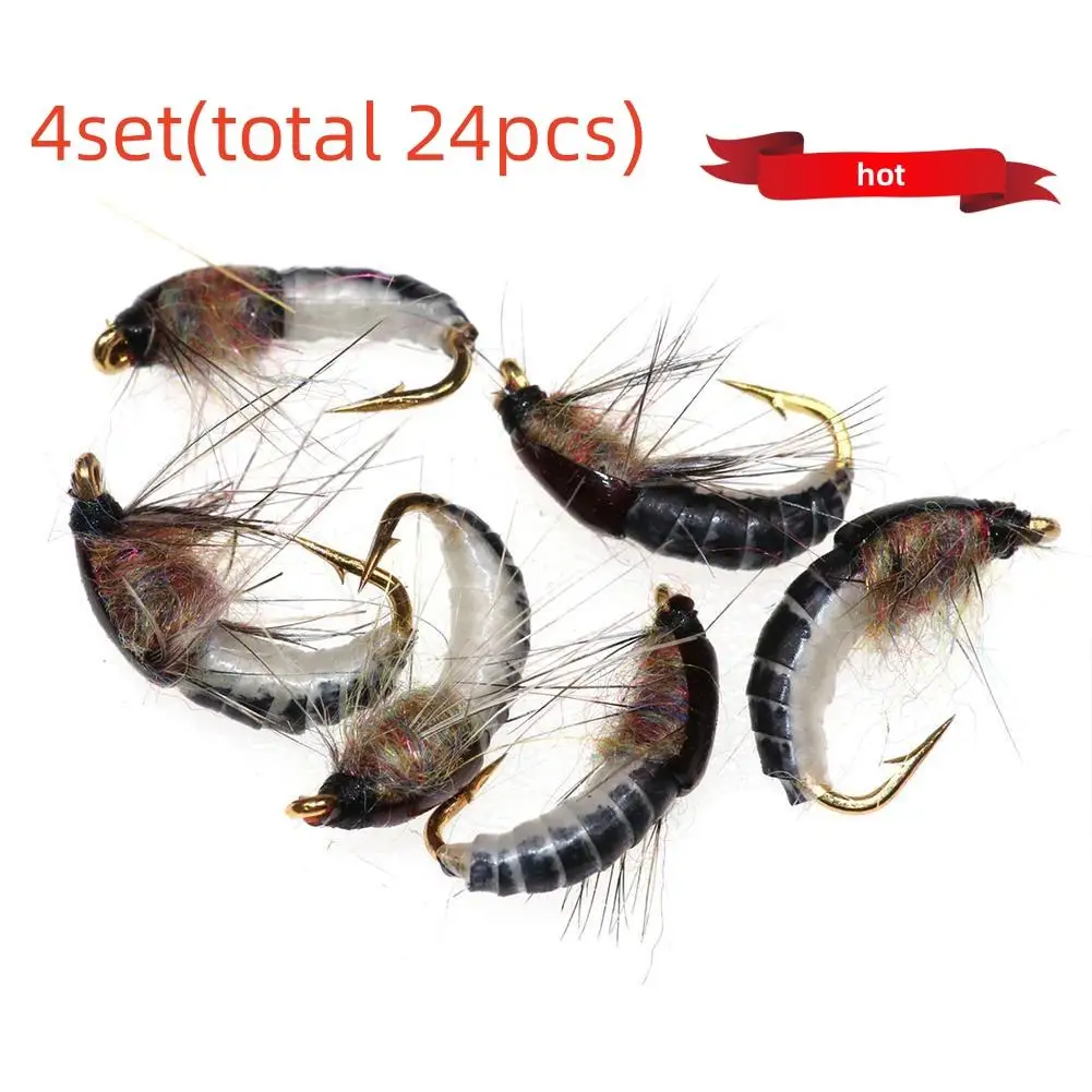 

For Bimoo 4set 24PCS #12 Realistic Nymph Scud Fly for Trout Fishing Nymph Artificial Insect Bait Lure Caddis Nymph Fishing Fly